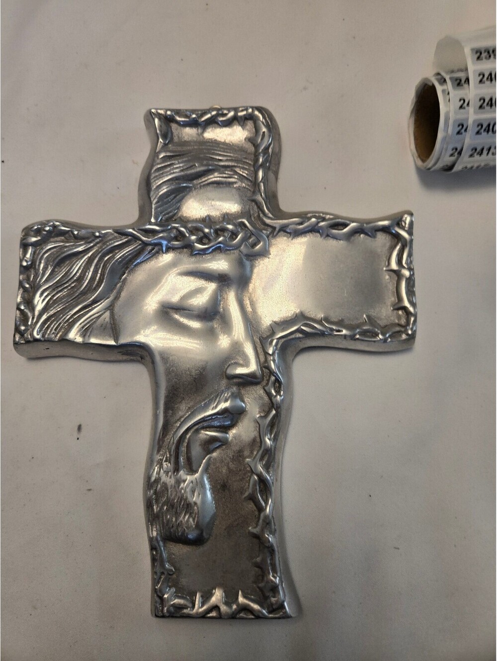 Decorative Silver Metal Cross Wall Hanging with Jesus Profile 11x8.5